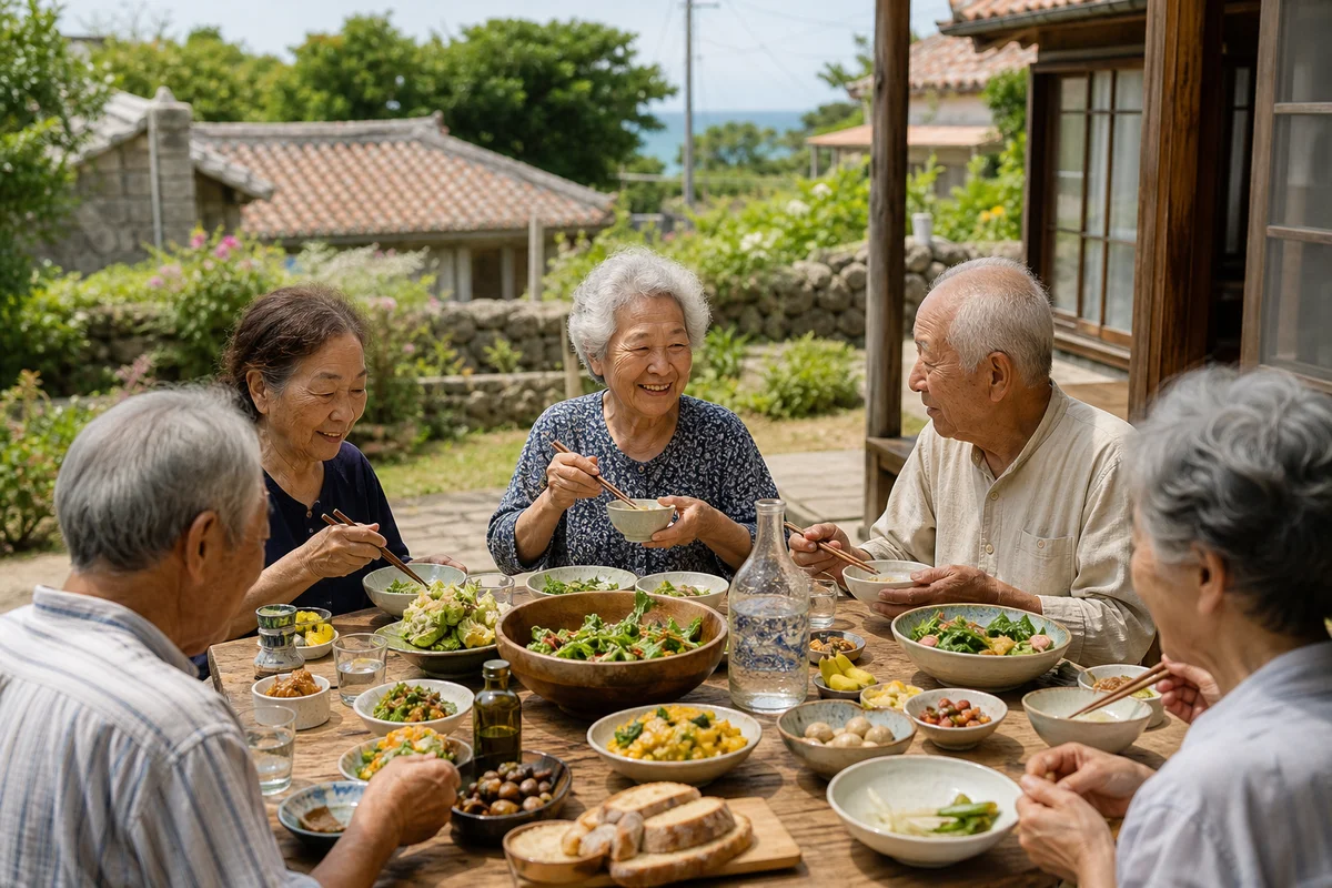 Elderly people enjoying a plant-based meal in a traditional village setting
