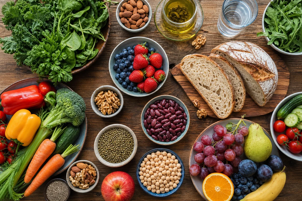 Healthy longevity foods including vegetables, beans, nuts, fruits, and whole grains