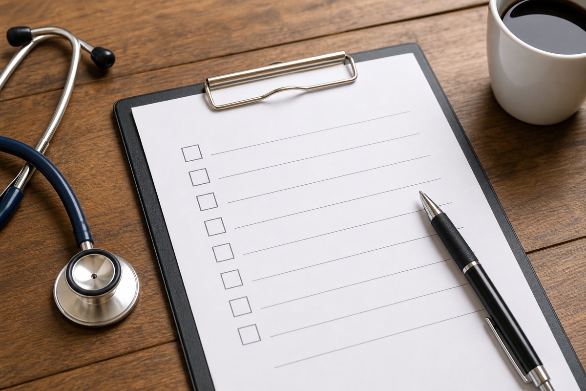 Weight loss clinic selection checklist with stethoscope