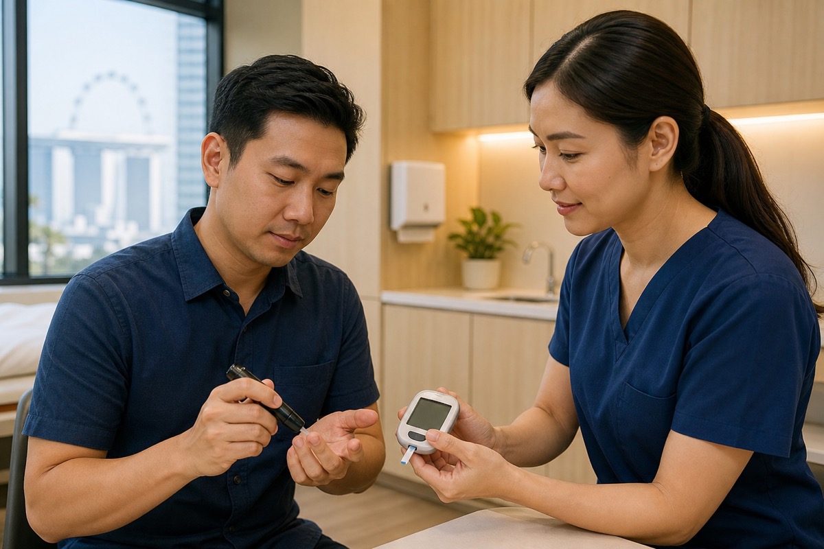 Patient monitoring blood glucose with healthcare professional at Accord Medical Clinic Singapore