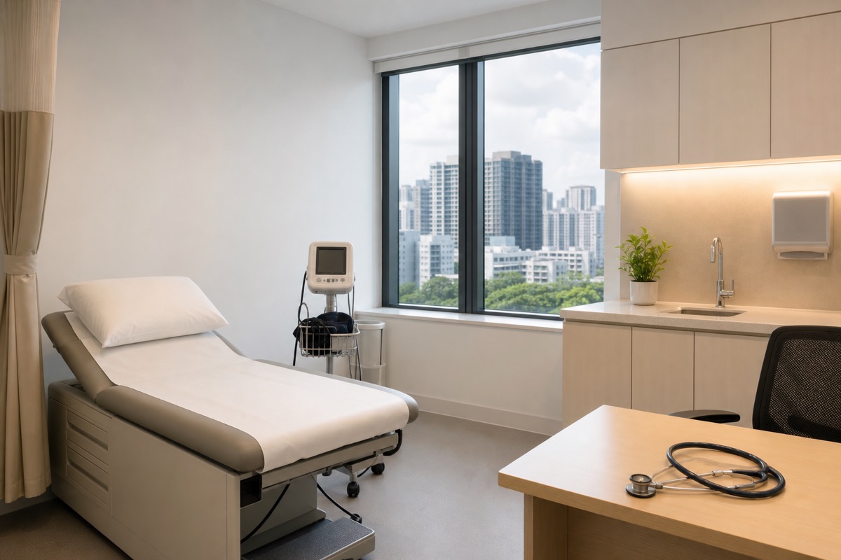Medical examination room in Singapore with examination bed and equipment