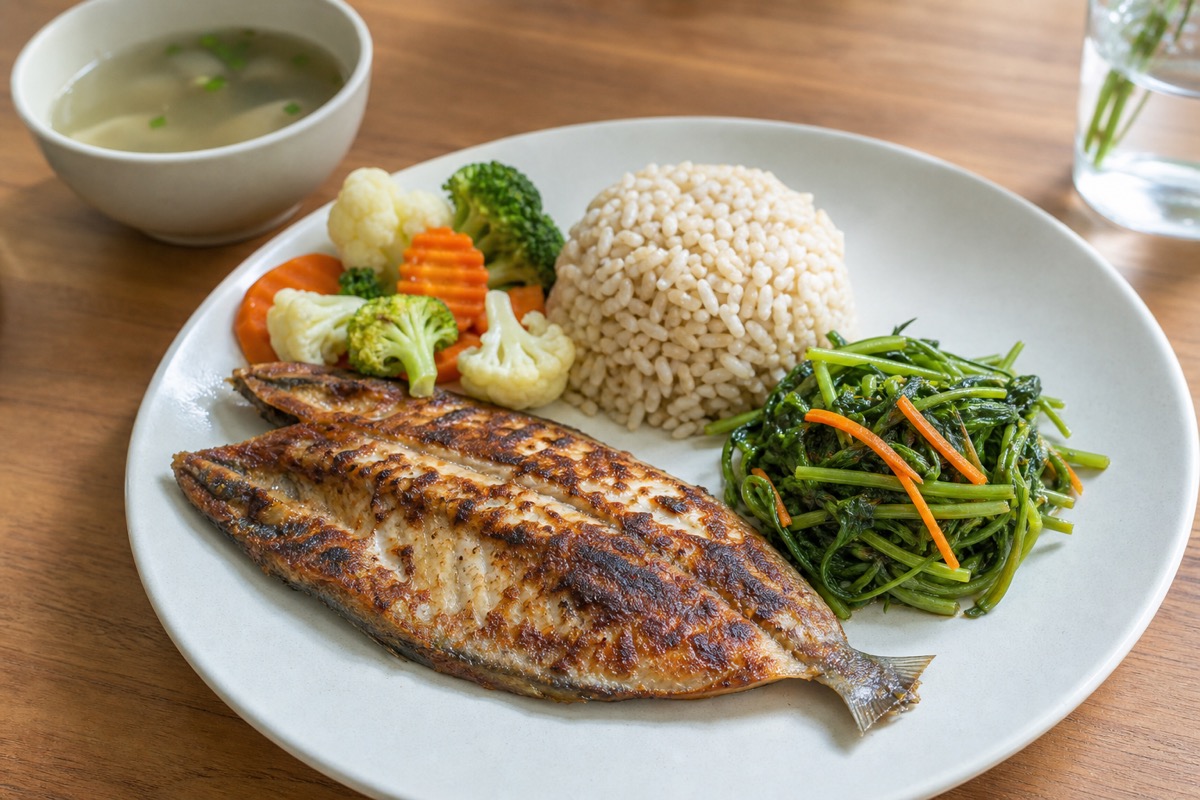 Healthy meal with grilled fish, brown rice and vegetables in Singapore