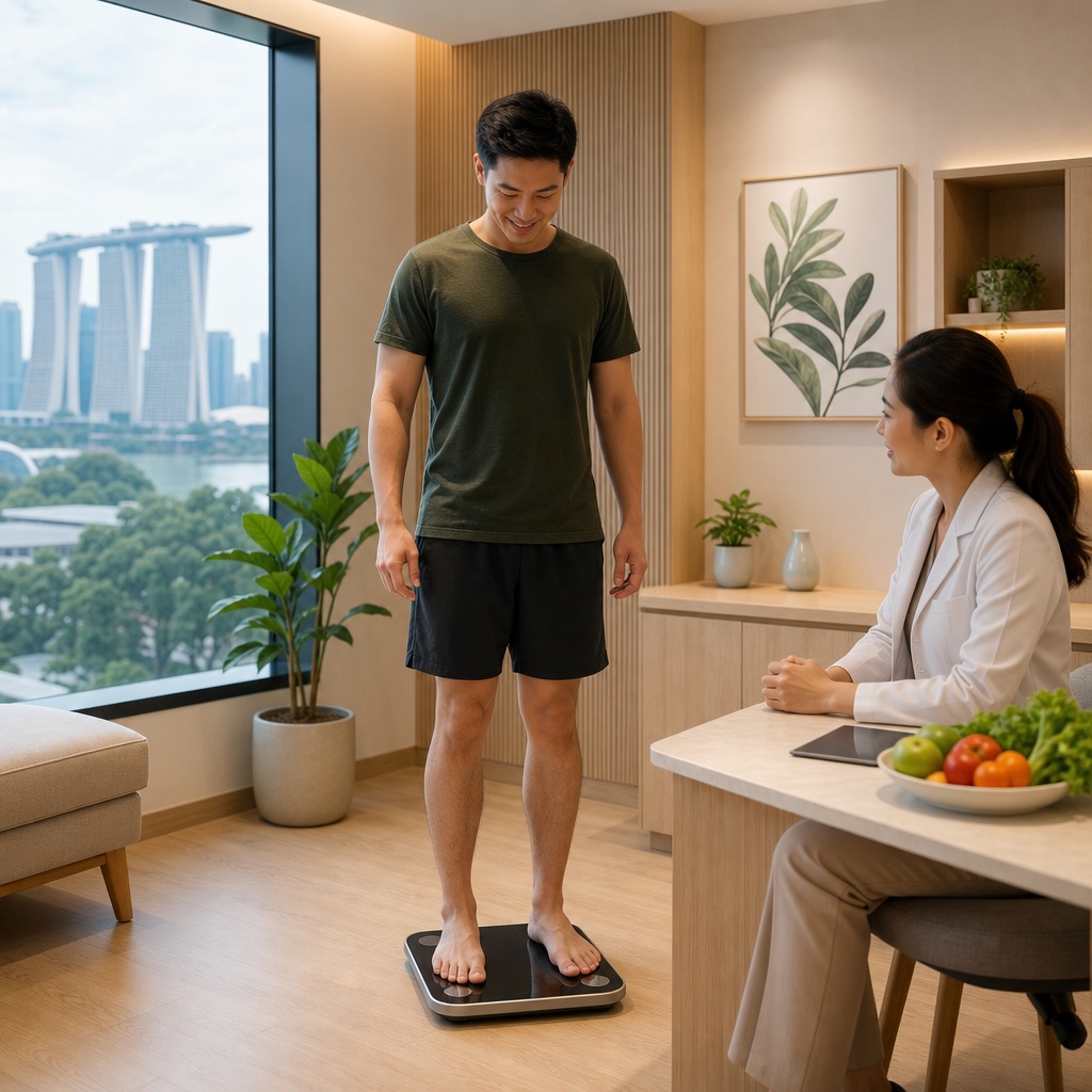 Patient checking weight progress on a scale at Accord Medical Clinic Singapore