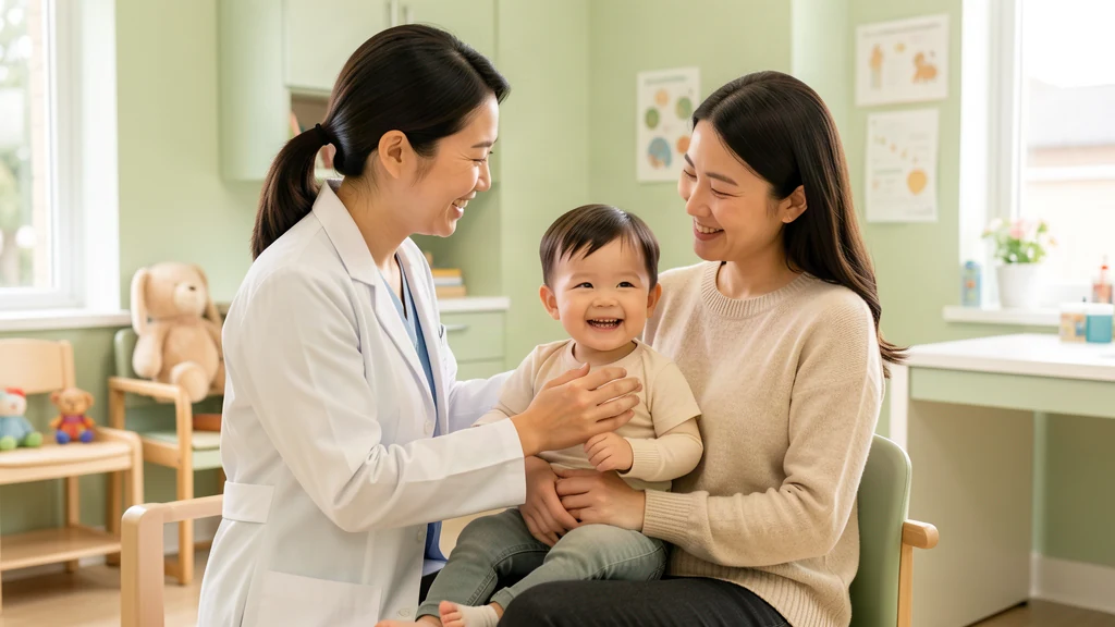 Doctor gently examining a toddler on a parent lap