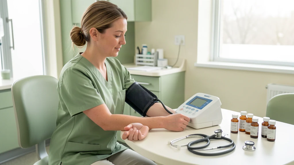 Nurse measuring a patient blood pressure during a health screening