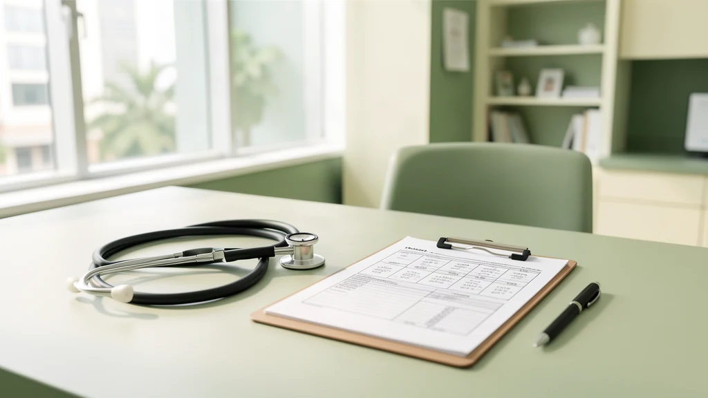 Stethoscope and medical examination forms on a clinic desk